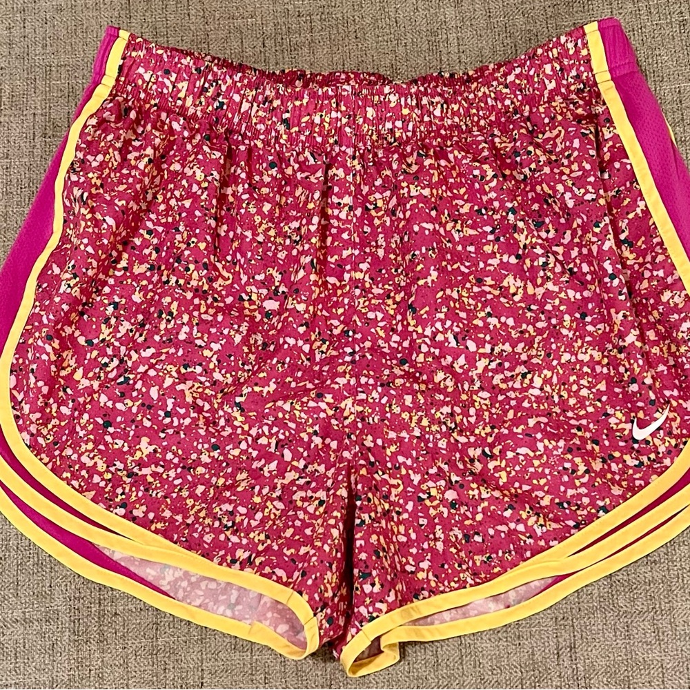 Nike Pink and Yellow Athletic Shorts with Curved Racing Stripes